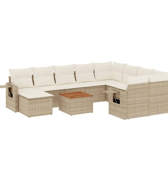 11-tlg. Garten-Sofagarnitur mit Kissen Beige Poly Rattan