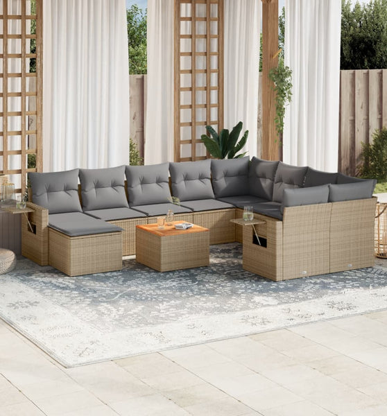 11-tlg. Garten-Sofagarnitur mit Kissen Beige Poly Rattan