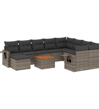 11-tlg. Garten-Sofagarnitur mit Kissen Grau Poly Rattan