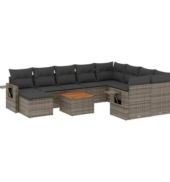 11-tlg. Garten-Sofagarnitur mit Kissen Grau Poly Rattan