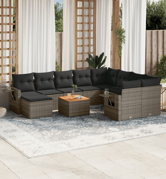 11-tlg. Garten-Sofagarnitur mit Kissen Grau Poly Rattan