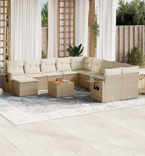 12-tlg. Garten-Sofagarnitur mit Kissen Beige Poly Rattan