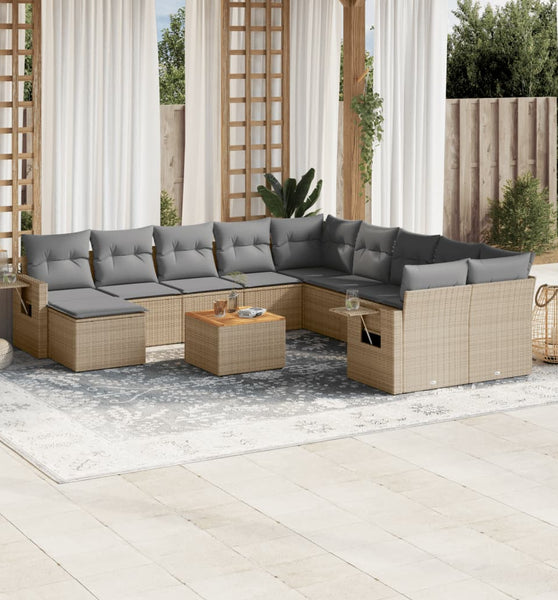 12-tlg. Garten-Sofagarnitur mit Kissen Beige Poly Rattan