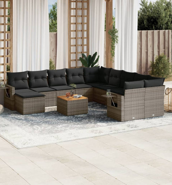 12-tlg. Garten-Sofagarnitur mit Kissen Grau Poly Rattan