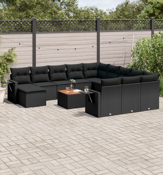 13-tlg. Garten-Sofagarnitur mit Kissen Schwarz Poly Rattan