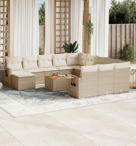 13-tlg. Garten-Sofagarnitur mit Kissen Beige Poly Rattan