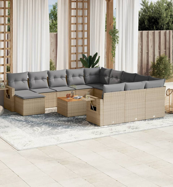 13-tlg. Garten-Sofagarnitur mit Kissen Beige Poly Rattan