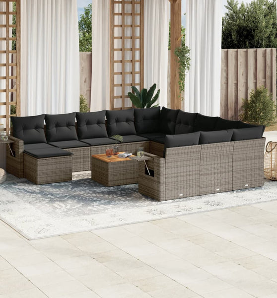 13-tlg. Garten-Sofagarnitur mit Kissen Grau Poly Rattan