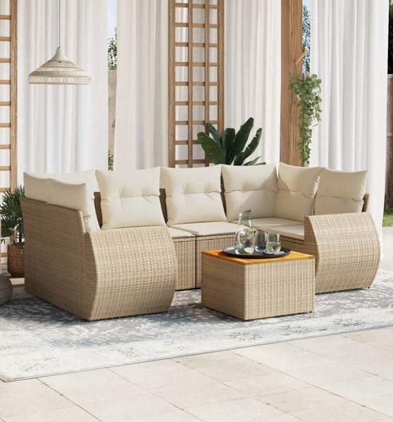 7-tlg. Garten-Sofagarnitur mit Kissen Beige Poly Rattan