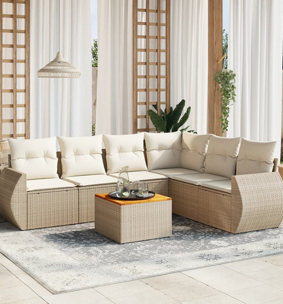 7-tlg. Garten-Sofagarnitur mit Kissen Beige Poly Rattan
