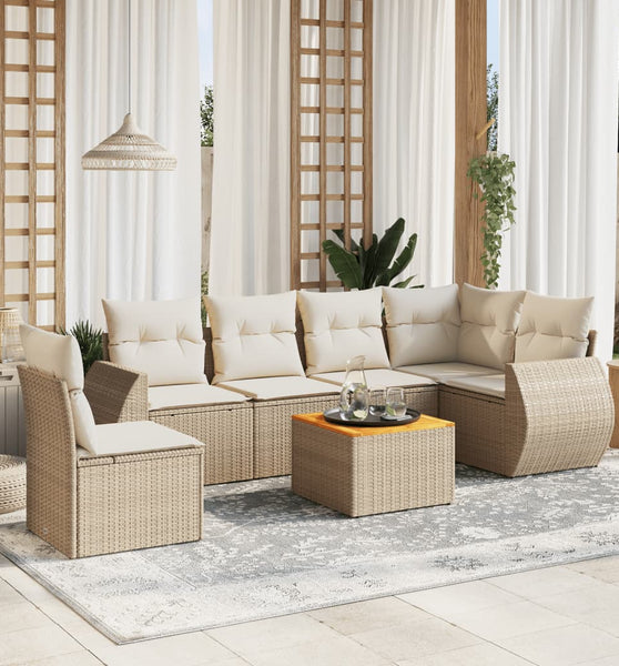 7-tlg. Garten-Sofagarnitur mit Kissen Beige Poly Rattan