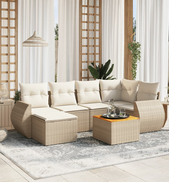 7-tlg. Garten-Sofagarnitur mit Kissen Beige Poly Rattan