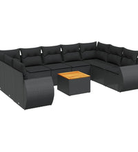 10-tlg. Garten-Sofagarnitur mit Kissen Schwarz Poly Rattan