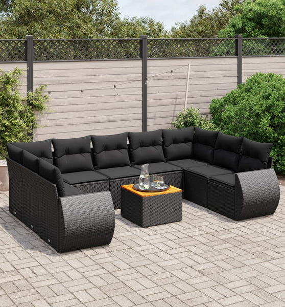10-tlg. Garten-Sofagarnitur mit Kissen Schwarz Poly Rattan