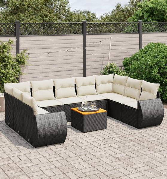 10-tlg. Garten-Sofagarnitur mit Kissen Schwarz Poly Rattan