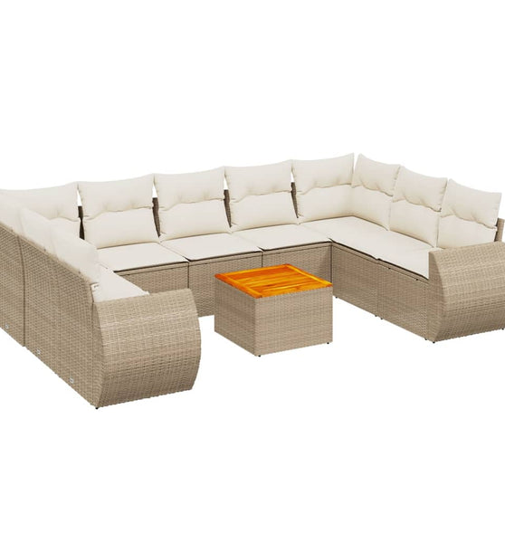 10-tlg. Garten-Sofagarnitur mit Kissen Beige Poly Rattan