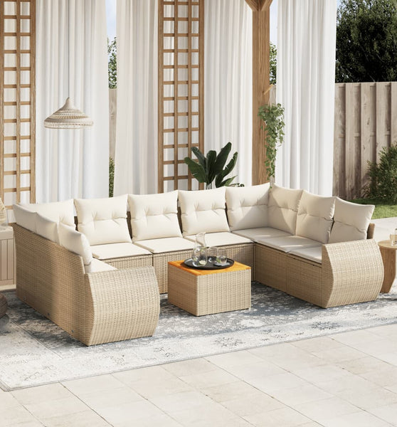 10-tlg. Garten-Sofagarnitur mit Kissen Beige Poly Rattan