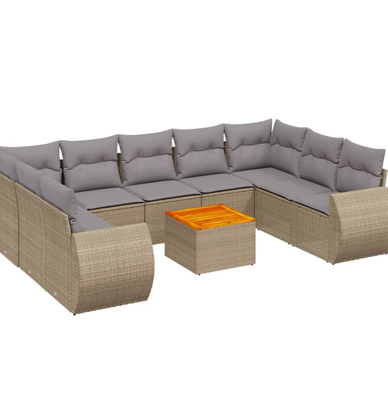 10-tlg. Garten-Sofagarnitur mit Kissen Beige Poly Rattan