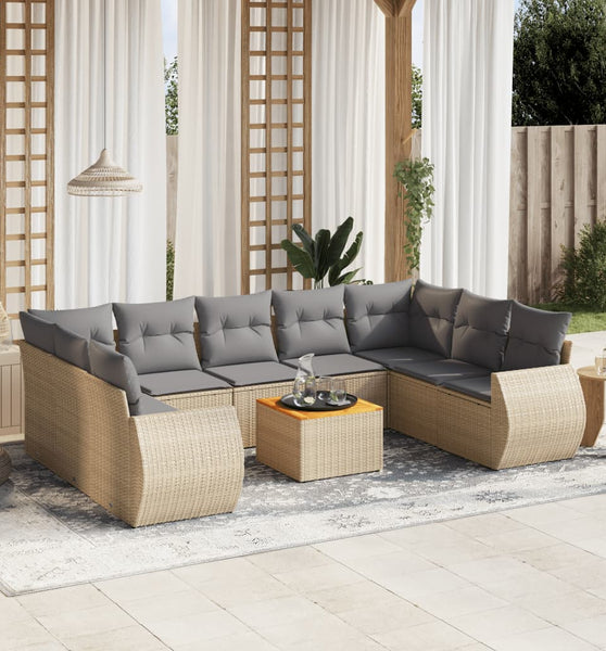 10-tlg. Garten-Sofagarnitur mit Kissen Beige Poly Rattan