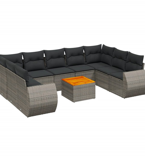 10-tlg. Garten-Sofagarnitur mit Kissen Grau Poly Rattan