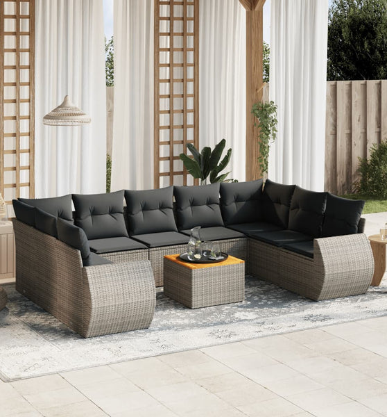 10-tlg. Garten-Sofagarnitur mit Kissen Grau Poly Rattan