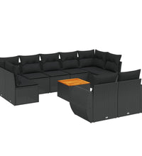 10-tlg. Garten-Sofagarnitur mit Kissen Schwarz Poly Rattan