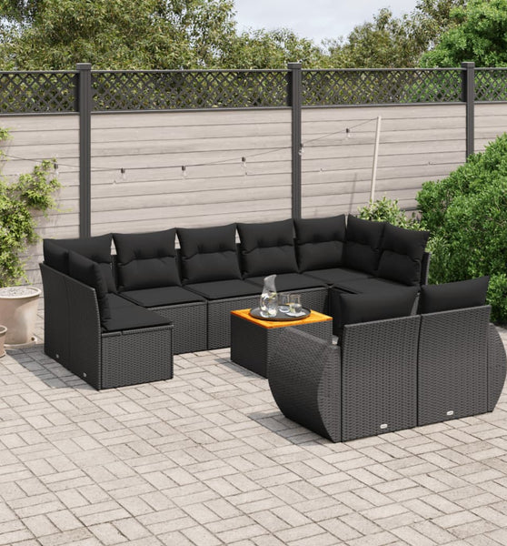 10-tlg. Garten-Sofagarnitur mit Kissen Schwarz Poly Rattan