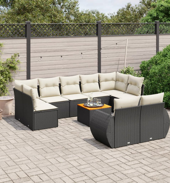10-tlg. Garten-Sofagarnitur mit Kissen Schwarz Poly Rattan