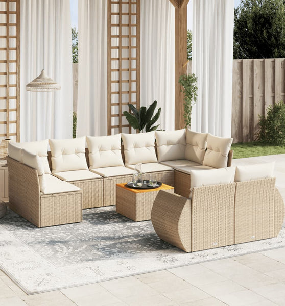 10-tlg. Garten-Sofagarnitur mit Kissen Beige Poly Rattan