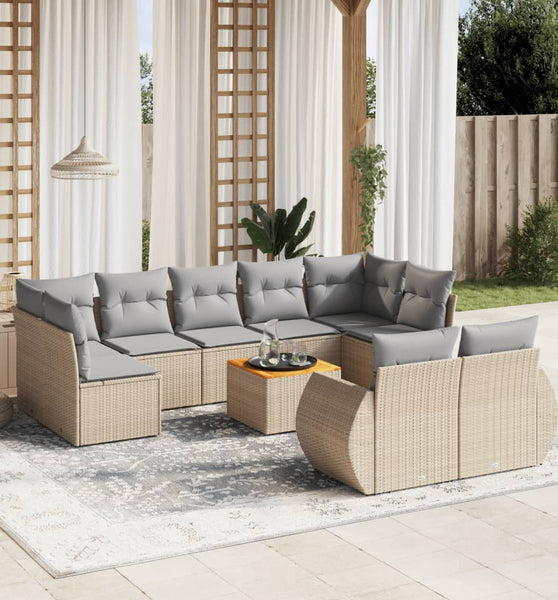 10-tlg. Garten-Sofagarnitur mit Kissen Beige Poly Rattan