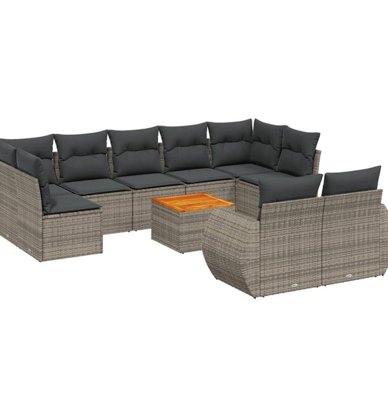 10-tlg. Garten-Sofagarnitur mit Kissen Grau Poly Rattan