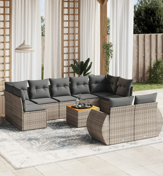 10-tlg. Garten-Sofagarnitur mit Kissen Grau Poly Rattan
