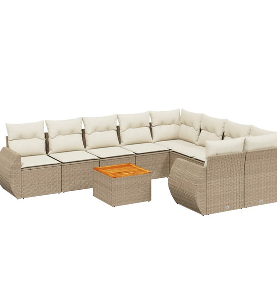 10-tlg. Garten-Sofagarnitur mit Kissen Beige Poly Rattan