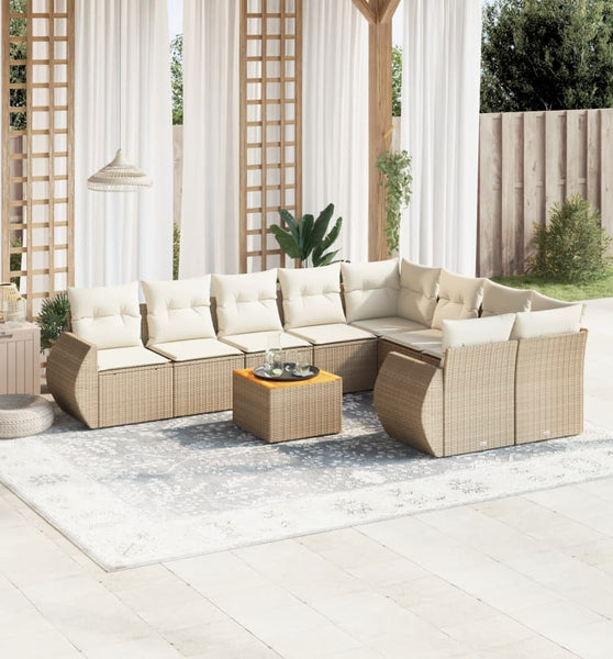 10-tlg. Garten-Sofagarnitur mit Kissen Beige Poly Rattan