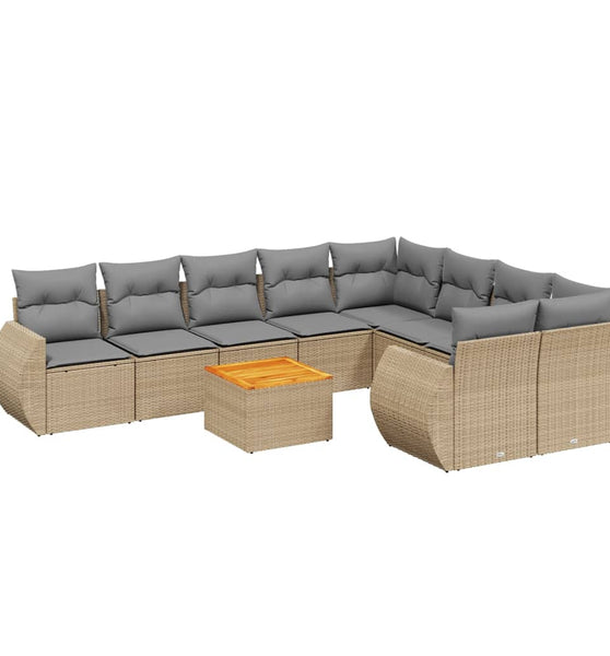 10-tlg. Garten-Sofagarnitur mit Kissen Beige Poly Rattan