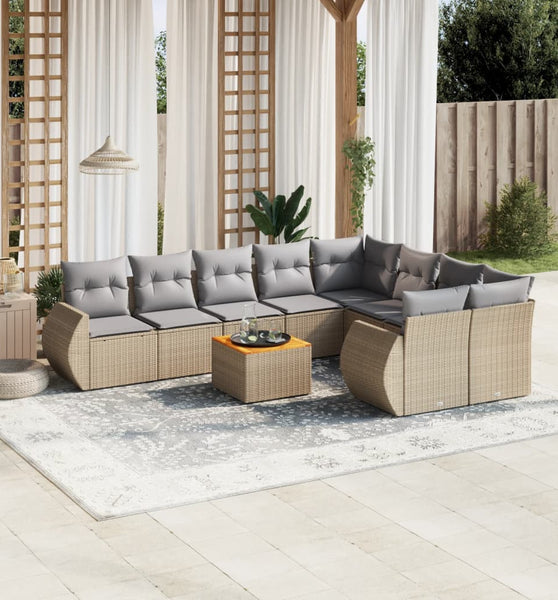 10-tlg. Garten-Sofagarnitur mit Kissen Beige Poly Rattan