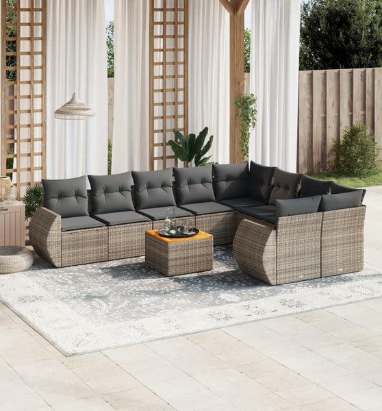 10-tlg. Garten-Sofagarnitur mit Kissen Grau Poly Rattan