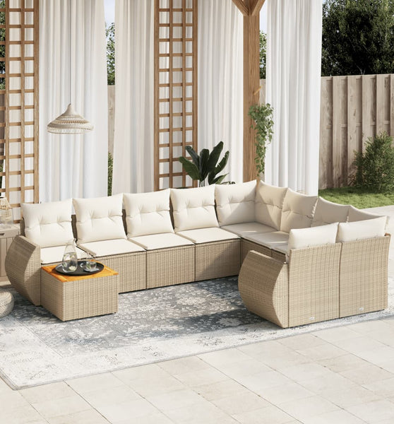 10-tlg. Garten-Sofagarnitur mit Kissen Beige Poly Rattan