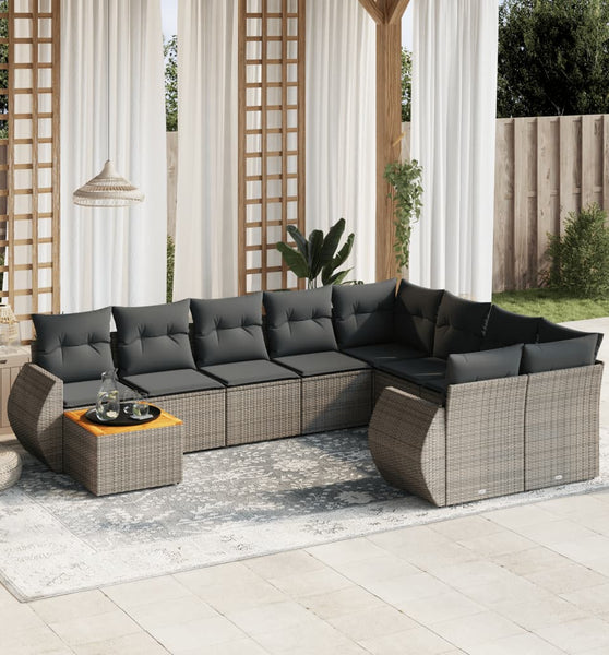 10-tlg. Garten-Sofagarnitur mit Kissen Grau Poly Rattan
