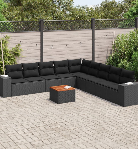 10-tlg. Garten-Sofagarnitur mit Kissen Schwarz Poly Rattan