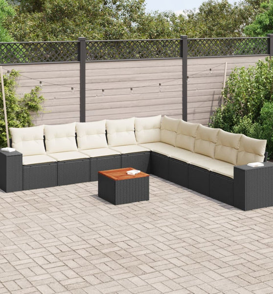 10-tlg. Garten-Sofagarnitur mit Kissen Schwarz Poly Rattan