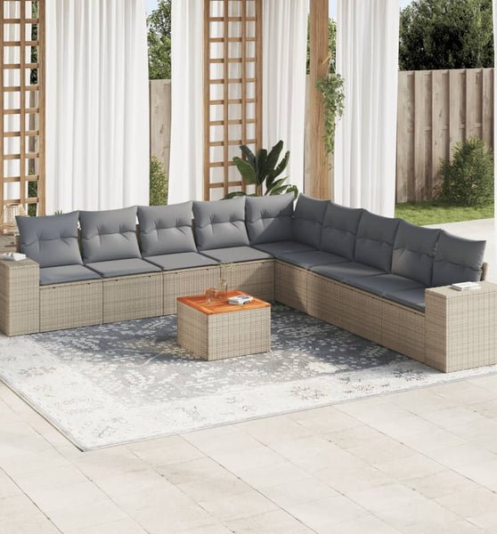 10-tlg. Garten-Sofagarnitur mit Kissen Beige Poly Rattan