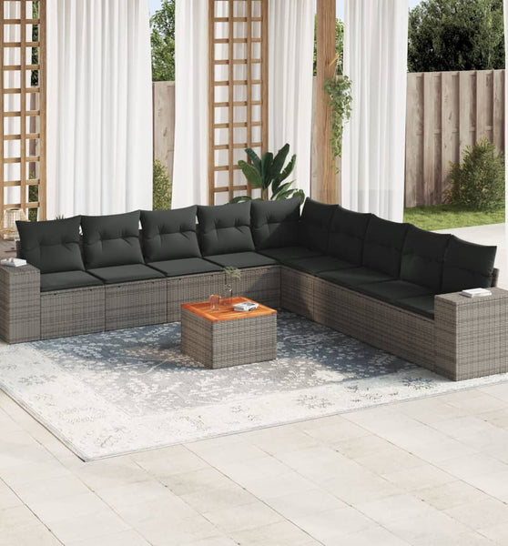 10-tlg. Garten-Sofagarnitur mit Kissen Grau Poly Rattan