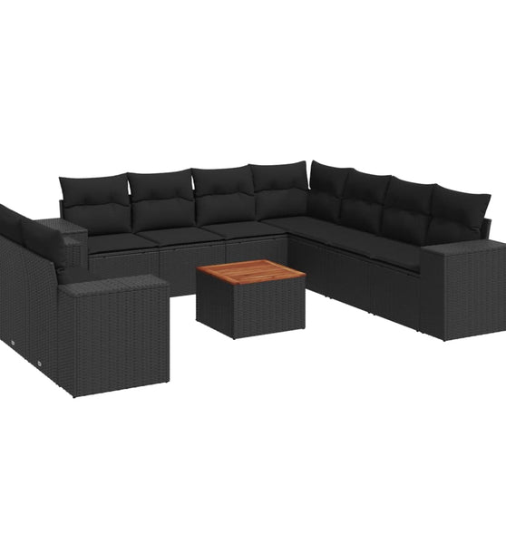 10-tlg. Garten-Sofagarnitur mit Kissen Schwarz Poly Rattan