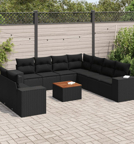 10-tlg. Garten-Sofagarnitur mit Kissen Schwarz Poly Rattan