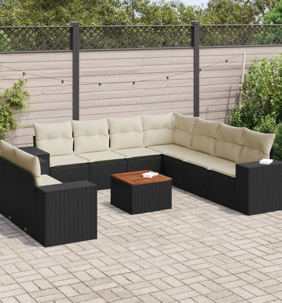 10-tlg. Garten-Sofagarnitur mit Kissen Schwarz Poly Rattan