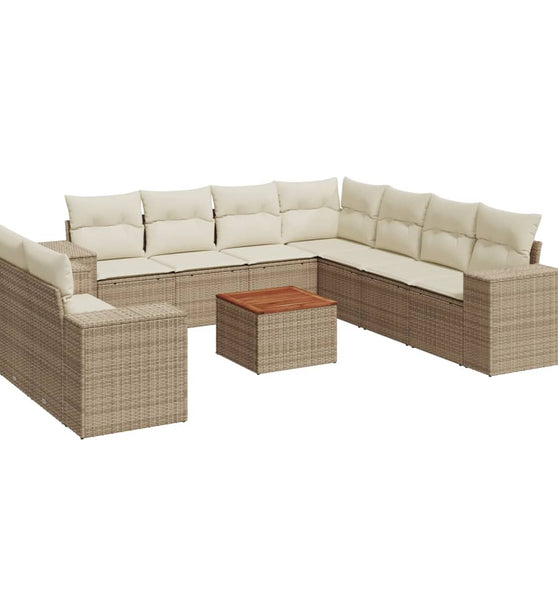 10-tlg. Garten-Sofagarnitur mit Kissen Beige Poly Rattan