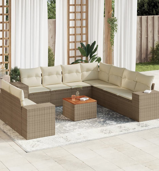 10-tlg. Garten-Sofagarnitur mit Kissen Beige Poly Rattan