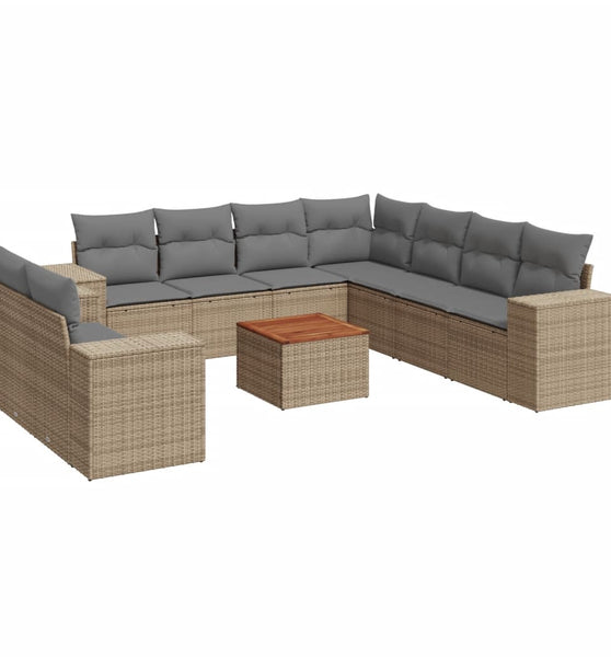 10-tlg. Garten-Sofagarnitur mit Kissen Beige Poly Rattan