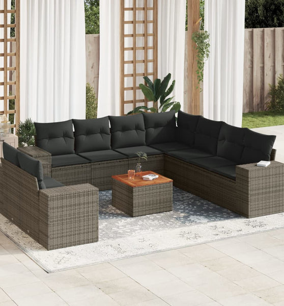 10-tlg. Garten-Sofagarnitur mit Kissen Grau Poly Rattan